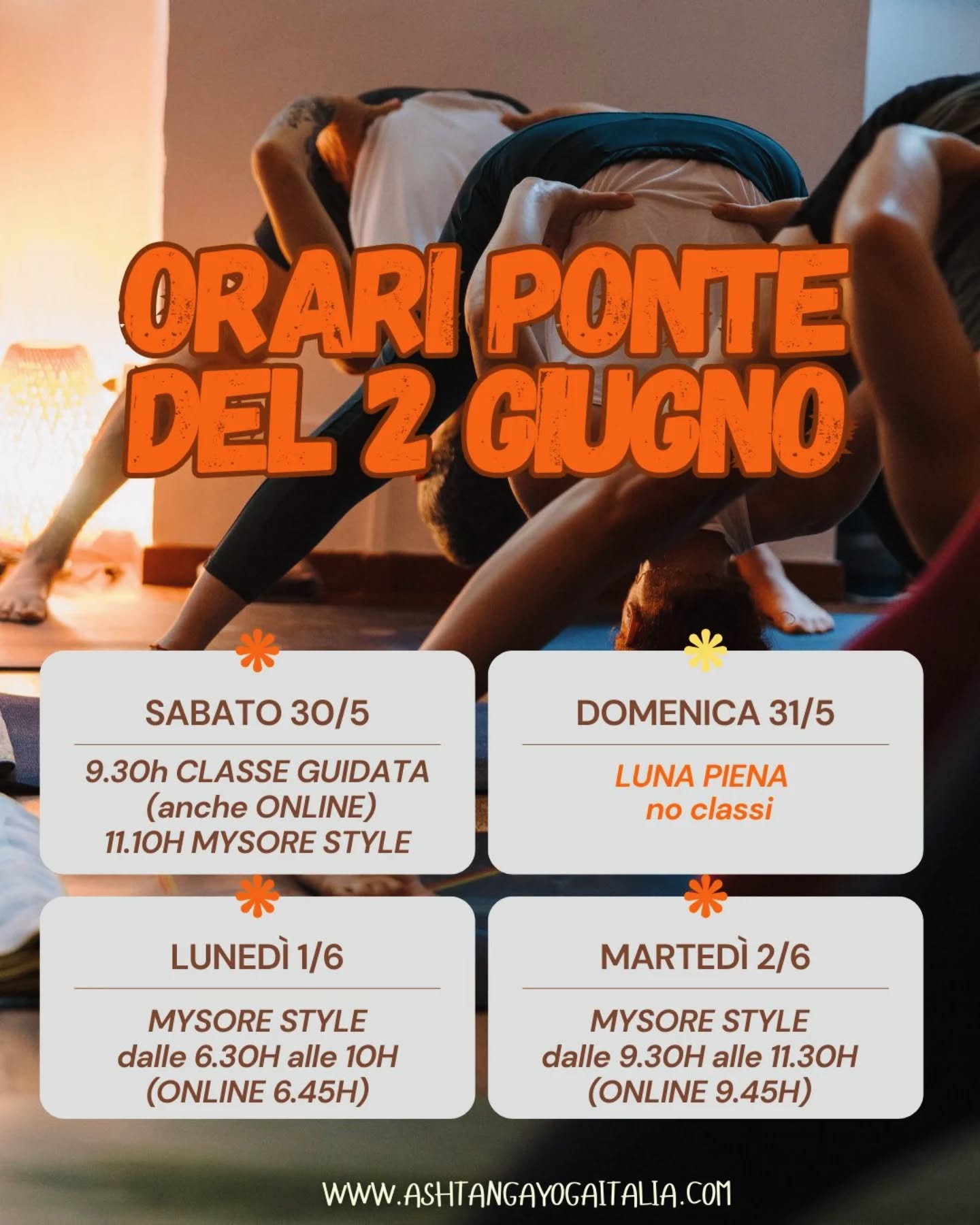E come da nostra abitudine, cerchiamo di mantenere lo spazio di pratica aperto il più possibile! 🤗❤

Ecco gli orari del Ponte del 2 Giugno:

⭐ sabato 30/5
✅ 9.30h Classe guidata della Prima Serie con conteggio tradizionale in sanscrito. In presenza e online
✅ 11.10h Classe Mysore. Solo in presenza.
Entrambe le classi con @rosatagliafierroyoga

⭐ domenica 31/5
‼️ Luna piena. Classi sospese. 

⭐ lunedì 1/6
✅ orario consueto mattutino. Mysore dalle 6.30h alle 10h. Online 6.45h con accesso fino alle 7.15h.
Con @piccolocobra

⭐ martedì 2/6
✅ Mysore turno unico dalle 9.30h alle 11.30h. Online alle 9.45h.
Con @marghedream

Ti aspettiamo con gioia!
E se sei nuovo/a, prenota la tua lezione scrivendo ad ashtangayogaitalia@gmail.com 
❤

#AshtangaYogaItalia #yogaforeveryone #mysorestyle #ledclass